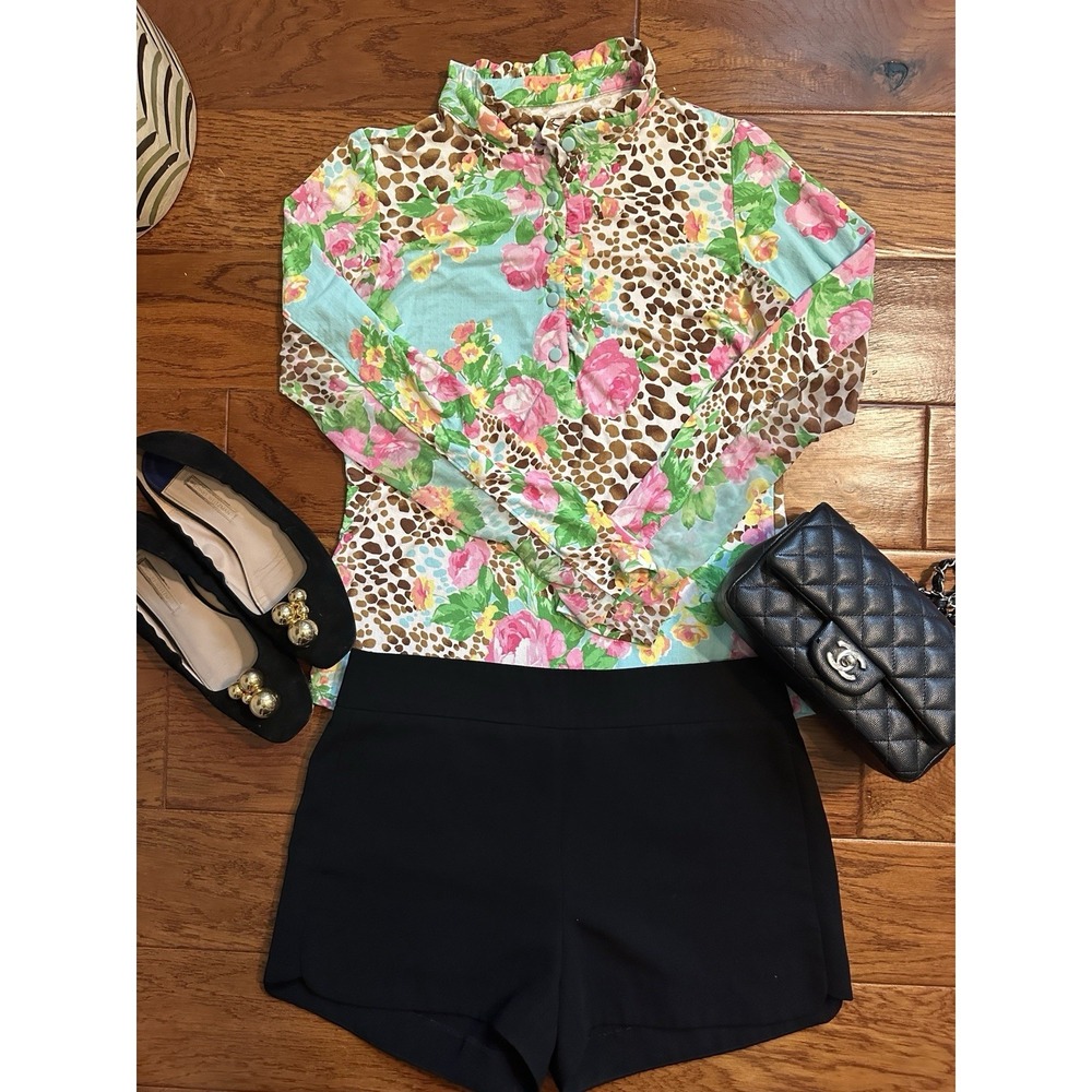Gottex Lifestyle XS Floral Leopard Print Mesh Sun Shirt Top Ruffle Neck Mock